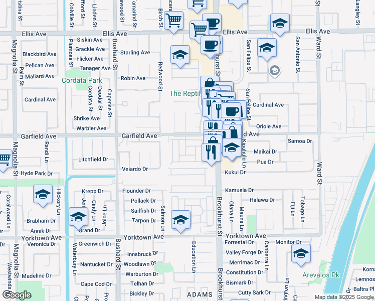 map of restaurants, bars, coffee shops, grocery stores, and more near 9850 Garfield Avenue in Huntington Beach