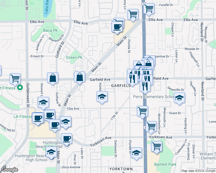 map of restaurants, bars, coffee shops, grocery stores, and more near 7652 Garfield Avenue in Huntington Beach