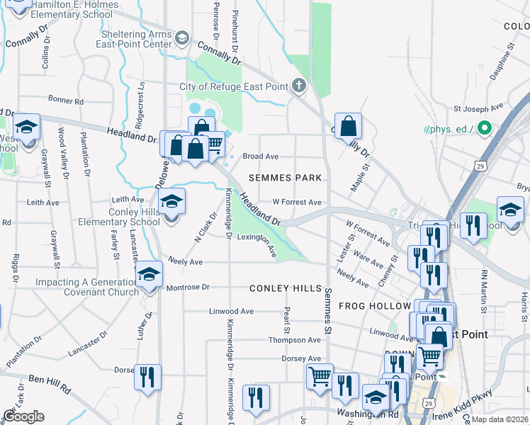 map of restaurants, bars, coffee shops, grocery stores, and more near 1930 Headland Drive in East Point