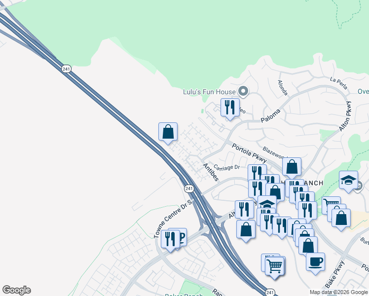 map of restaurants, bars, coffee shops, grocery stores, and more near 64 Rue Fontaine in Lake Forest