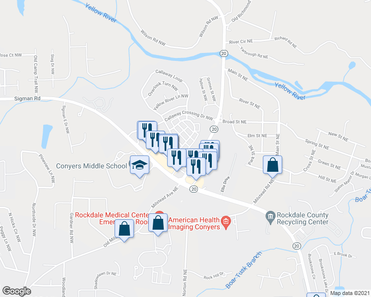 map of restaurants, bars, coffee shops, grocery stores, and more near 162 Odyssey Turn Northwest in Conyers