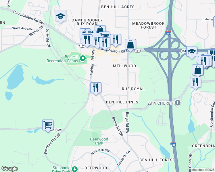 map of restaurants, bars, coffee shops, grocery stores, and more near 3690 Asbury Lane Southwest in Atlanta