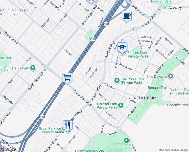 map of restaurants, bars, coffee shops, grocery stores, and more near 111 Cadence in Irvine