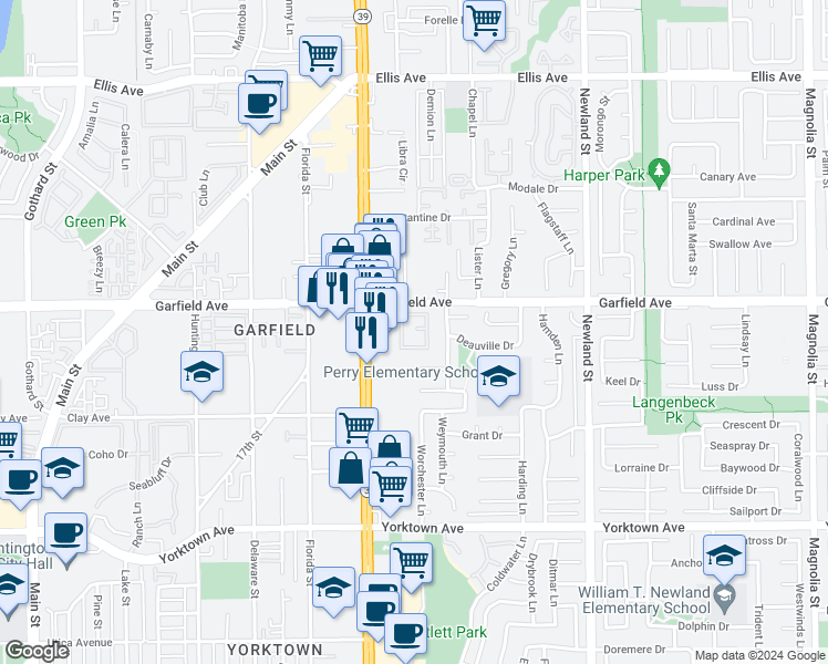 map of restaurants, bars, coffee shops, grocery stores, and more near 19110 Beachcrest Lane in Huntington Beach