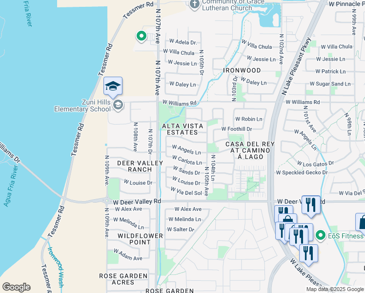 map of restaurants, bars, coffee shops, grocery stores, and more near 10604 West Angels Lane in Peoria