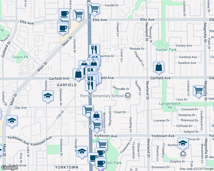 map of restaurants, bars, coffee shops, grocery stores, and more near 19116 Queensport Lane in Huntington Beach