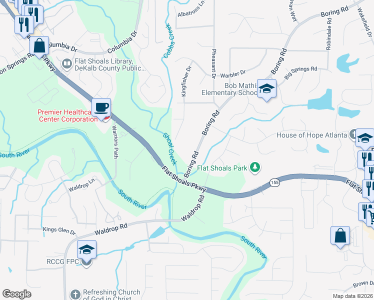 map of restaurants, bars, coffee shops, grocery stores, and more near 3284 Boring Road in Decatur