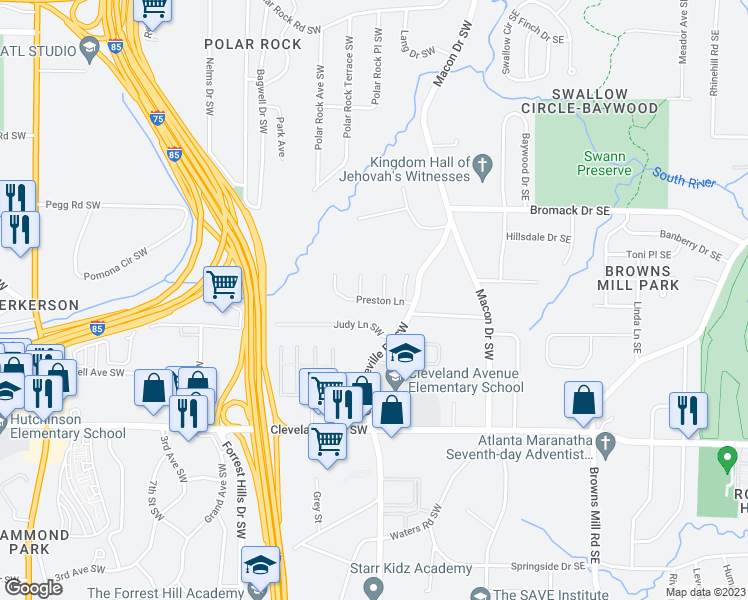 map of restaurants, bars, coffee shops, grocery stores, and more near Preston Lane in Atlanta