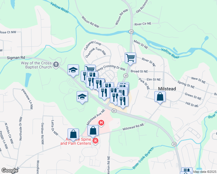 map of restaurants, bars, coffee shops, grocery stores, and more near 160 Odyssey Turn Northwest in Conyers