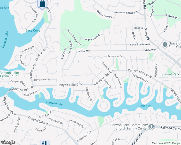 map of restaurants, bars, coffee shops, grocery stores, and more near 23350 Clipper Court in Canyon Lake