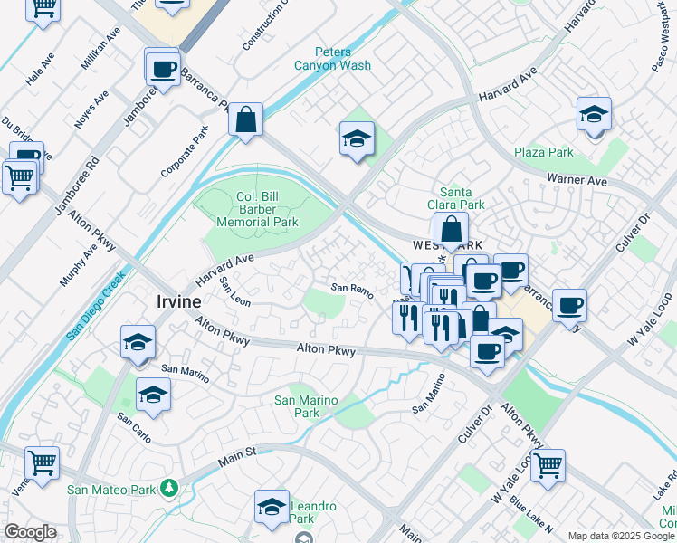 map of restaurants, bars, coffee shops, grocery stores, and more near 5 Palagonia Aisle in Irvine