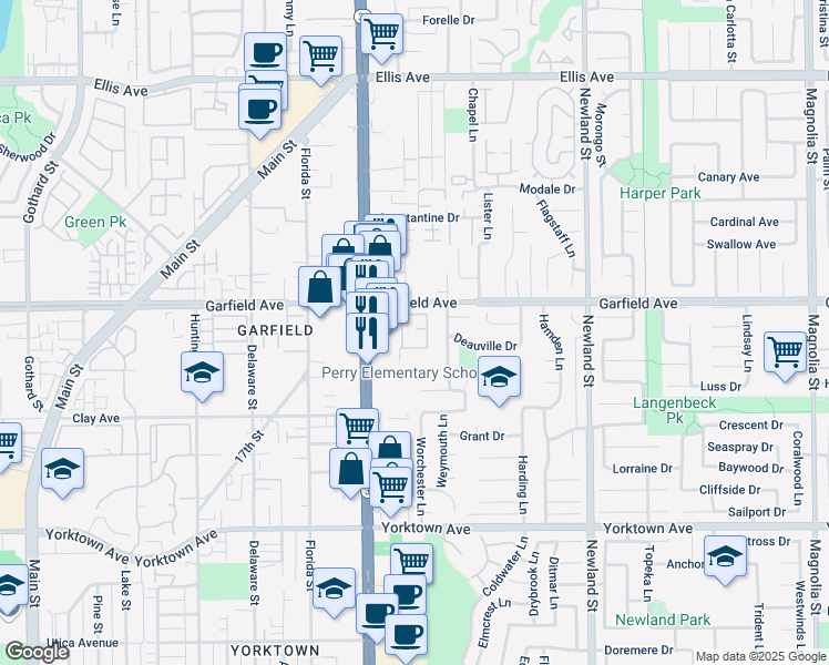 map of restaurants, bars, coffee shops, grocery stores, and more near 8125 Surfline Drive in Huntington Beach