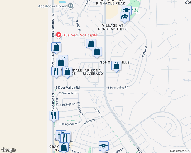 map of restaurants, bars, coffee shops, grocery stores, and more near 7500 East Deer Valley Road in Scottsdale