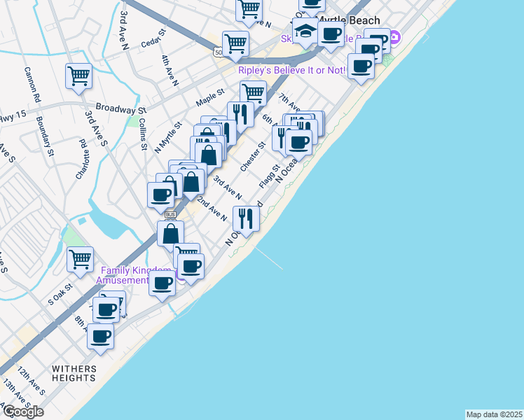 map of restaurants, bars, coffee shops, grocery stores, and more near 300 North Ocean Boulevard in Myrtle Beach