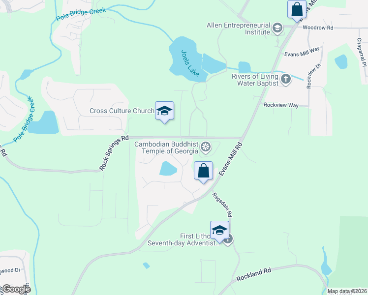 map of restaurants, bars, coffee shops, grocery stores, and more near 6481 Rock Springs Road in Stonecrest