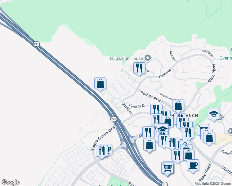 map of restaurants, bars, coffee shops, grocery stores, and more near 81 Anacapa Court in Lake Forest