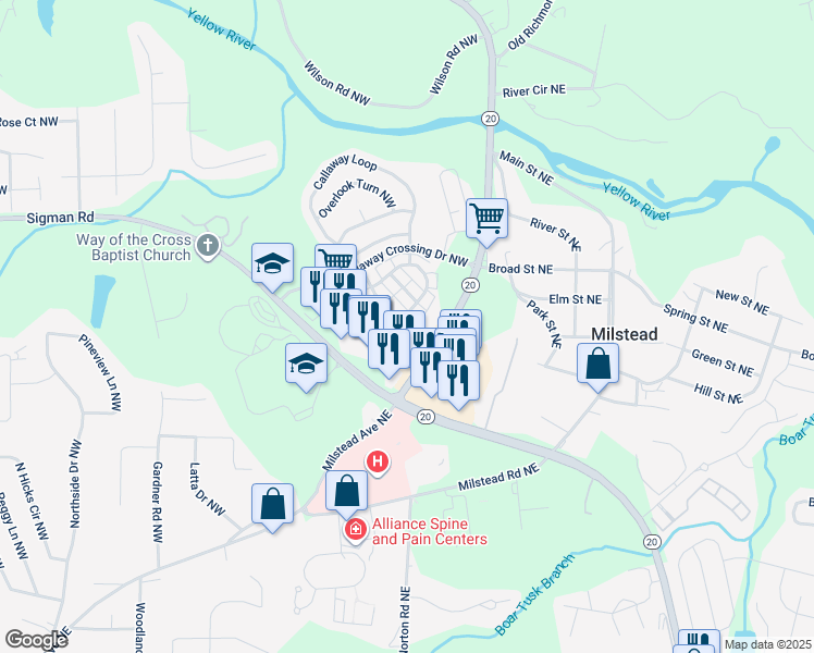 map of restaurants, bars, coffee shops, grocery stores, and more near 162 Odyssey Turn Northwest in Conyers