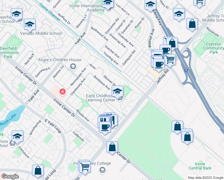 map of restaurants, bars, coffee shops, grocery stores, and more near 5261 Bordeaux Avenue in Irvine