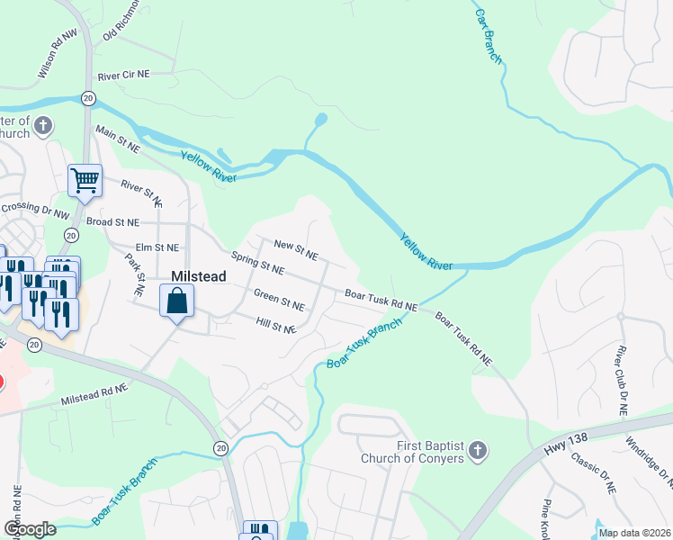 map of restaurants, bars, coffee shops, grocery stores, and more near 1847 New Street Northeast in Conyers
