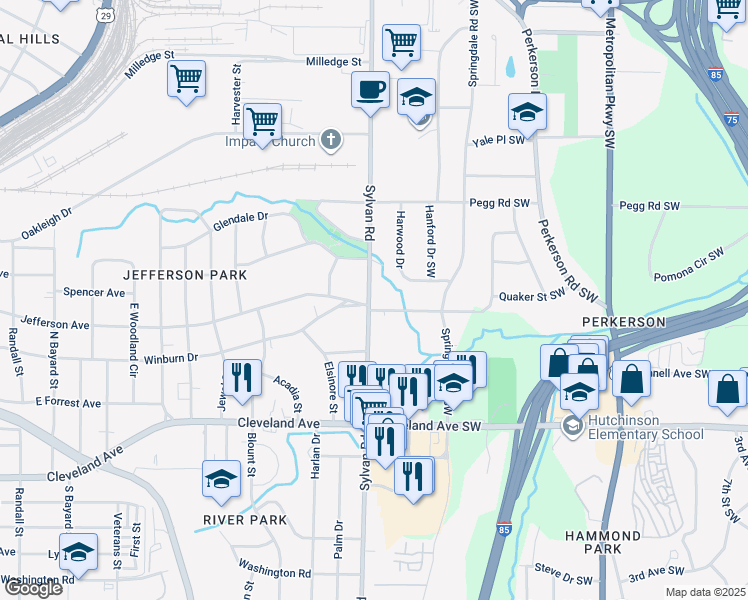 map of restaurants, bars, coffee shops, grocery stores, and more near 2528 Sylvan Road in East Point