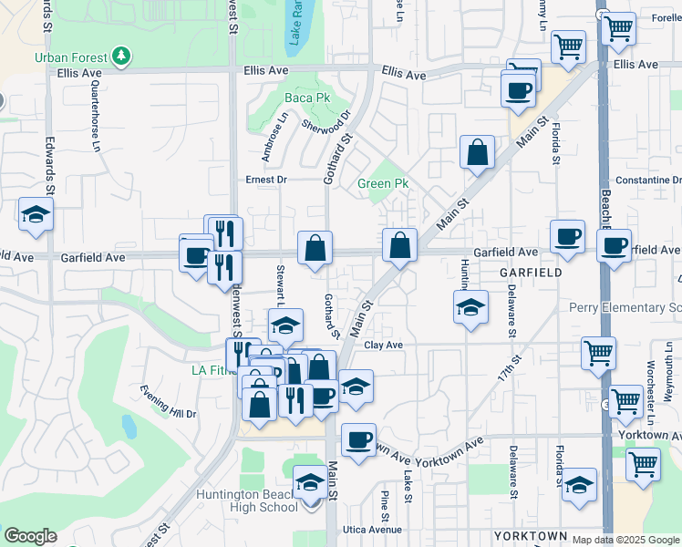 map of restaurants, bars, coffee shops, grocery stores, and more near 7330 Berry Court in Huntington Beach