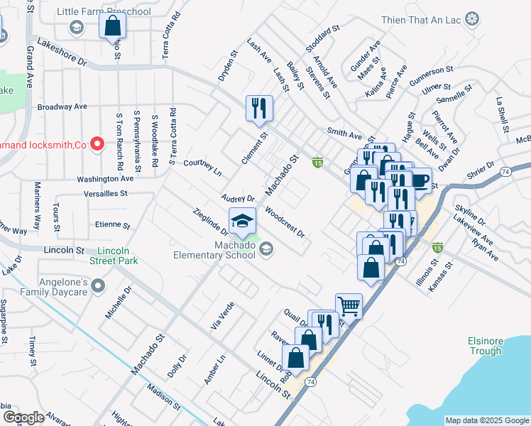 map of restaurants, bars, coffee shops, grocery stores, and more near 678 Woodcrest Drive in Lake Elsinore