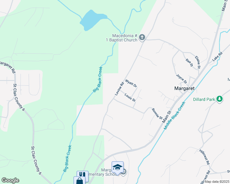 map of restaurants, bars, coffee shops, grocery stores, and more near 1175 Levine Road in Odenville