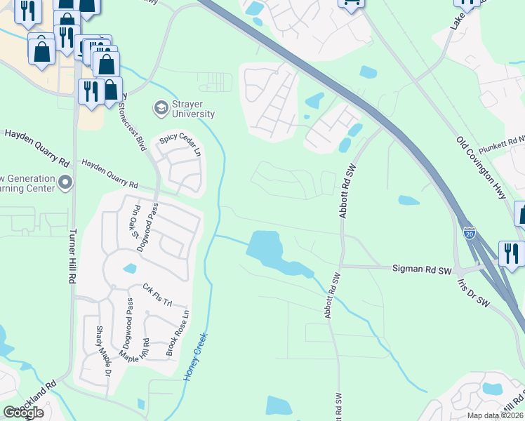 map of restaurants, bars, coffee shops, grocery stores, and more near 2833 Abbott Lake Road Southwest in Conyers