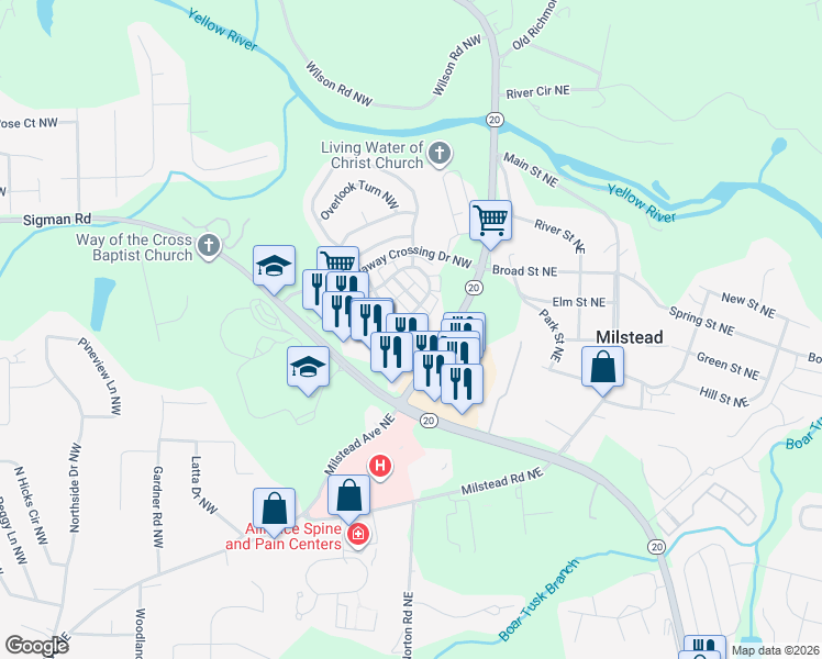 map of restaurants, bars, coffee shops, grocery stores, and more near 164 Odyssey Turn Northwest in Conyers
