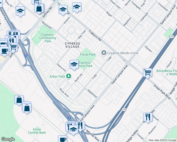 map of restaurants, bars, coffee shops, grocery stores, and more near 72 Honeyflower in Irvine