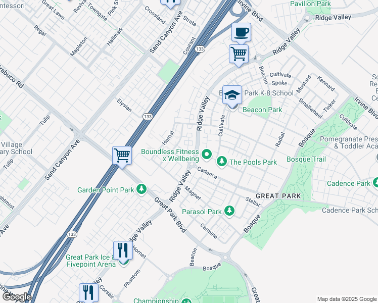 map of restaurants, bars, coffee shops, grocery stores, and more near 171 Cadence in Irvine