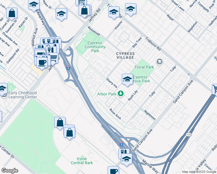 map of restaurants, bars, coffee shops, grocery stores, and more near 85 Strawberry Grove in Irvine