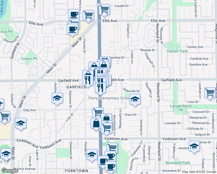 map of restaurants, bars, coffee shops, grocery stores, and more near 8125 Surfline Drive in Huntington Beach