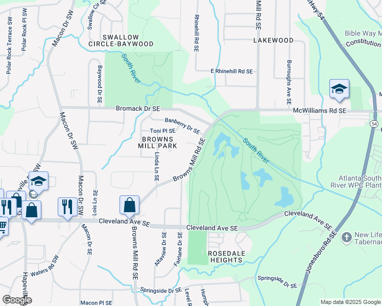 map of restaurants, bars, coffee shops, grocery stores, and more near 2509 Browns Mill Road Southeast in Atlanta
