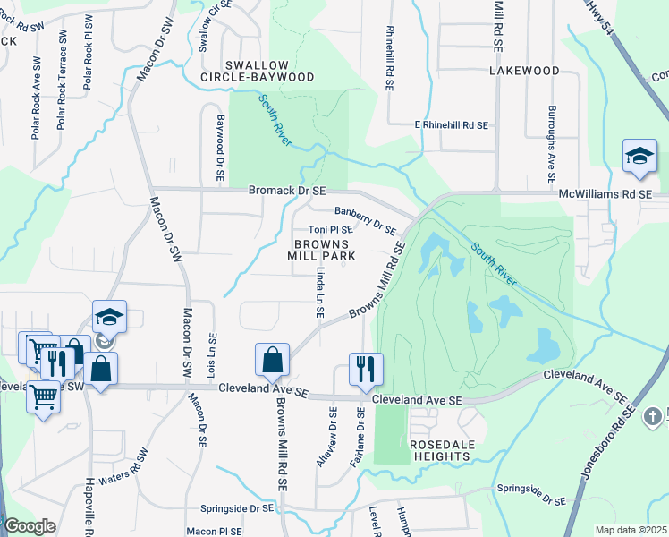 map of restaurants, bars, coffee shops, grocery stores, and more near 2497 Mobley Court Southeast in Atlanta