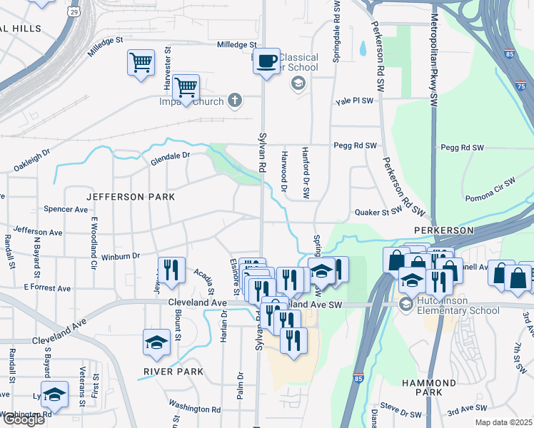map of restaurants, bars, coffee shops, grocery stores, and more near 2528 Sylvan Road in East Point