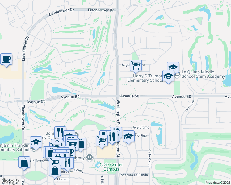 map of restaurants, bars, coffee shops, grocery stores, and more near 78481 Calle Felipe in La Quinta