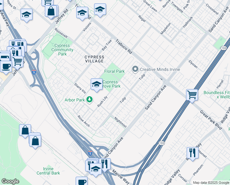 map of restaurants, bars, coffee shops, grocery stores, and more near 72 Honeyflower in Irvine