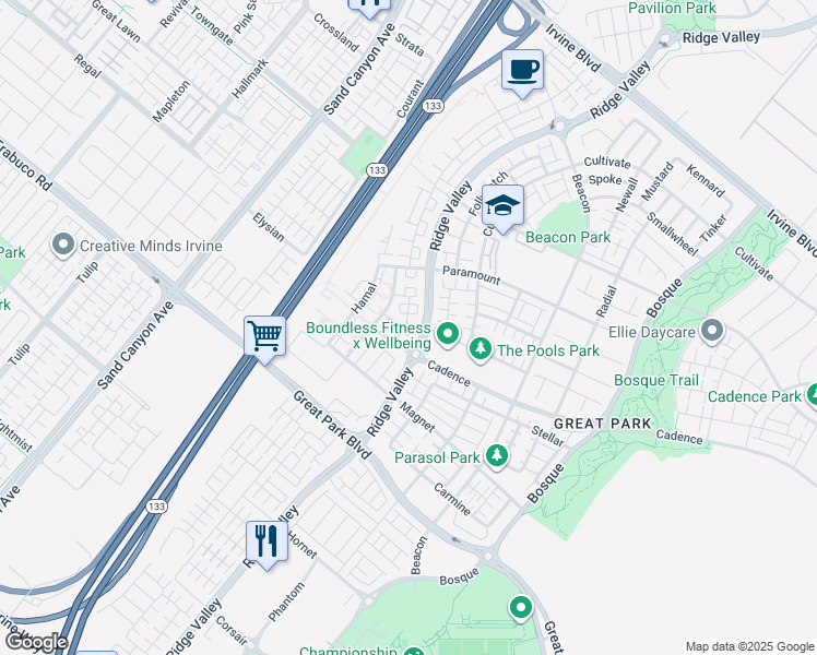 map of restaurants, bars, coffee shops, grocery stores, and more near 171 Cadence in Irvine