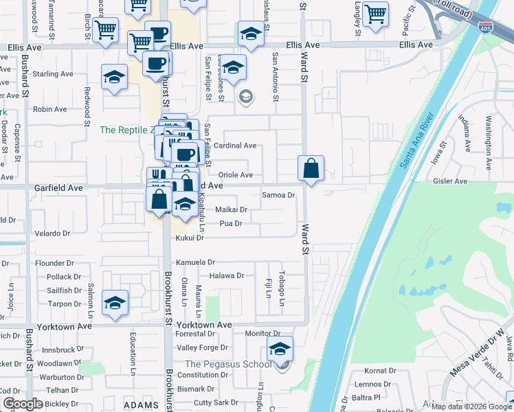 map of restaurants, bars, coffee shops, grocery stores, and more near 19071 Suva Lane in Huntington Beach