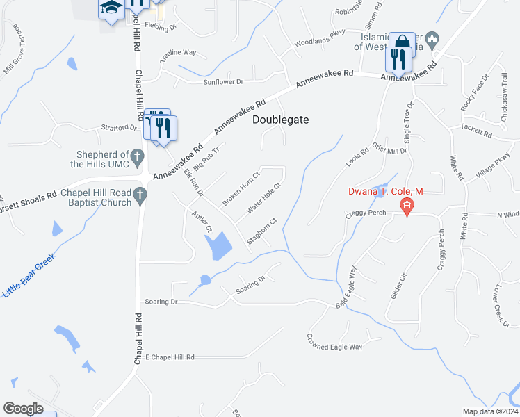 map of restaurants, bars, coffee shops, grocery stores, and more near 4069 Water Hole Court in Douglasville