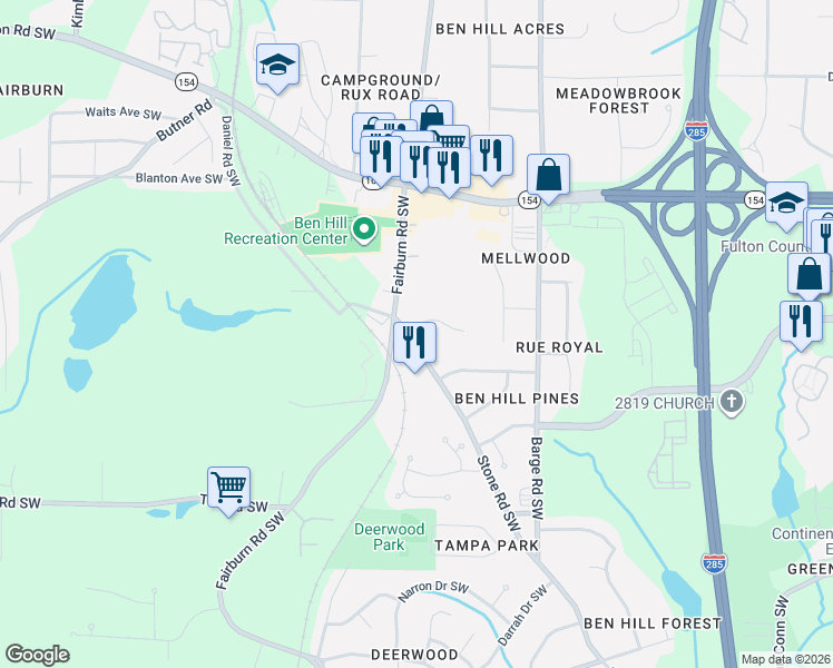 map of restaurants, bars, coffee shops, grocery stores, and more near 3880 Stone Road Southwest in Atlanta