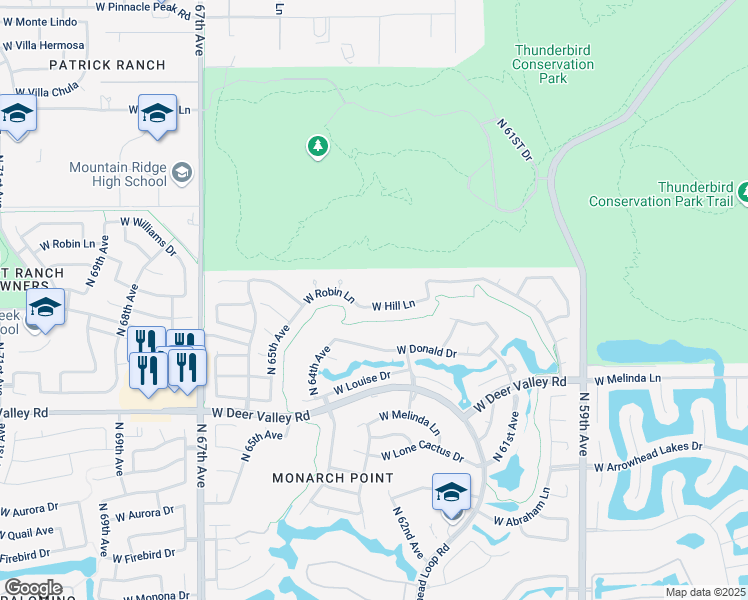 map of restaurants, bars, coffee shops, grocery stores, and more near 6365 West Hill Lane in Glendale