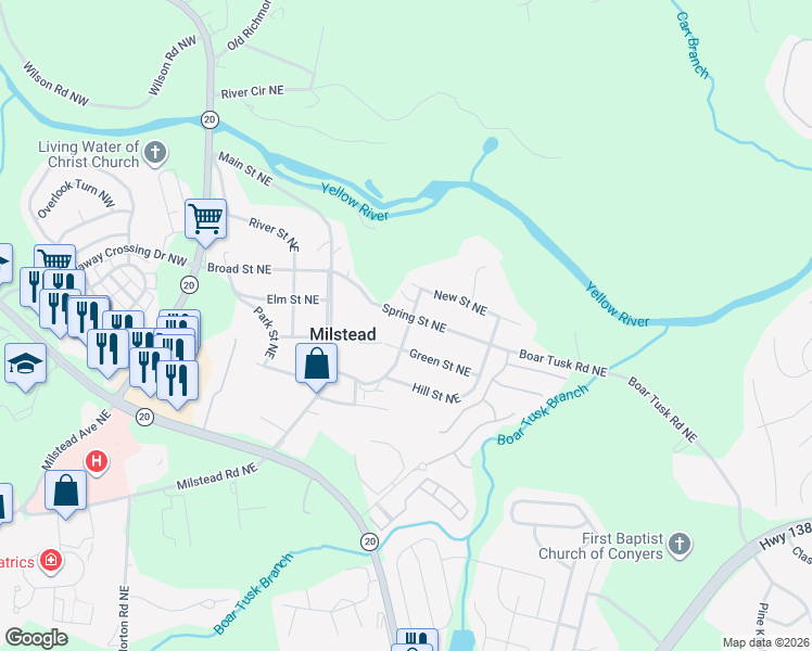 map of restaurants, bars, coffee shops, grocery stores, and more near 1710 Green Street Northeast in Conyers