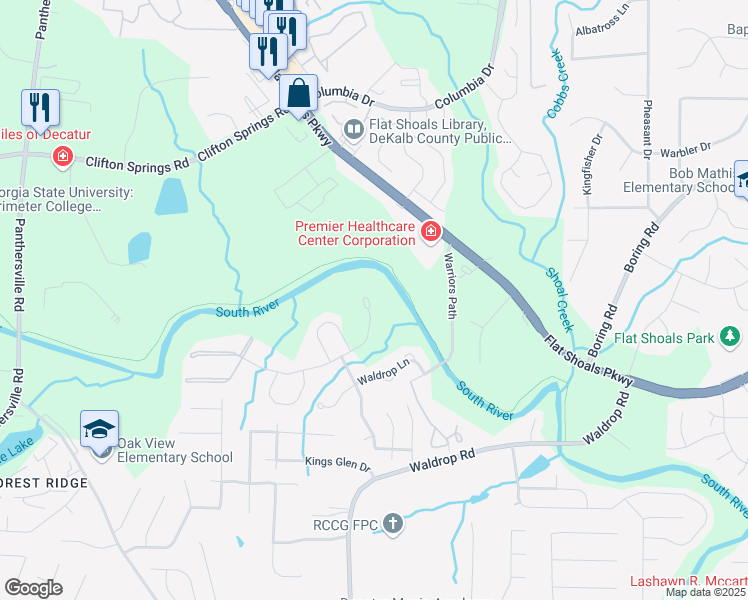 map of restaurants, bars, coffee shops, grocery stores, and more near 3331 Waldrop Trail in Decatur