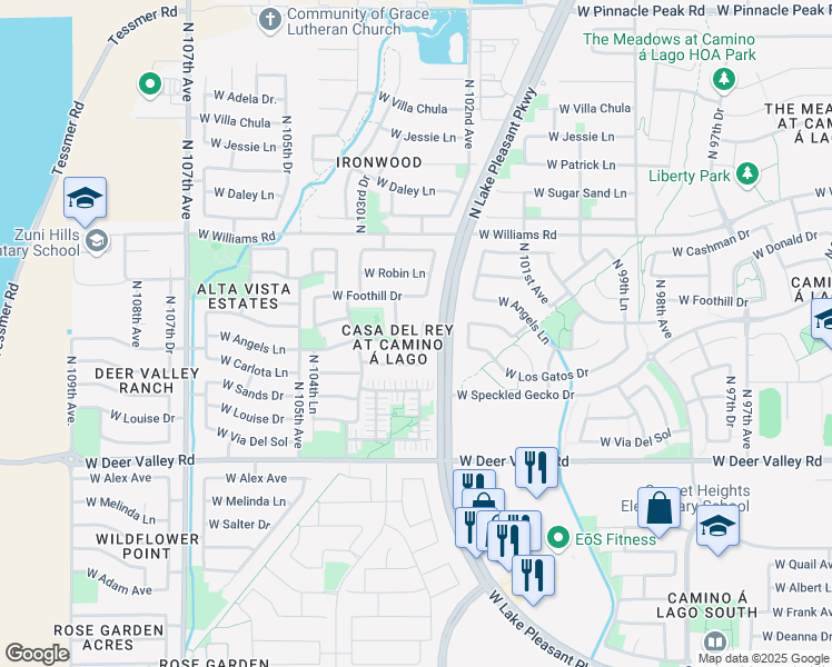 map of restaurants, bars, coffee shops, grocery stores, and more near 22260 North 102nd Lane in Peoria
