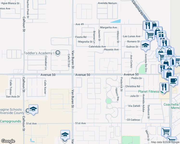 map of restaurants, bars, coffee shops, grocery stores, and more near 84323 Royal Court in Coachella