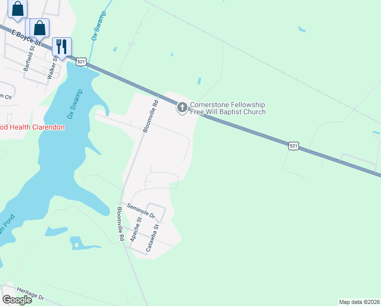 map of restaurants, bars, coffee shops, grocery stores, and more near 1275 High Hills Lane in Manning