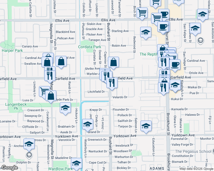 map of restaurants, bars, coffee shops, grocery stores, and more near 19043 Bushard Street in Huntington Beach