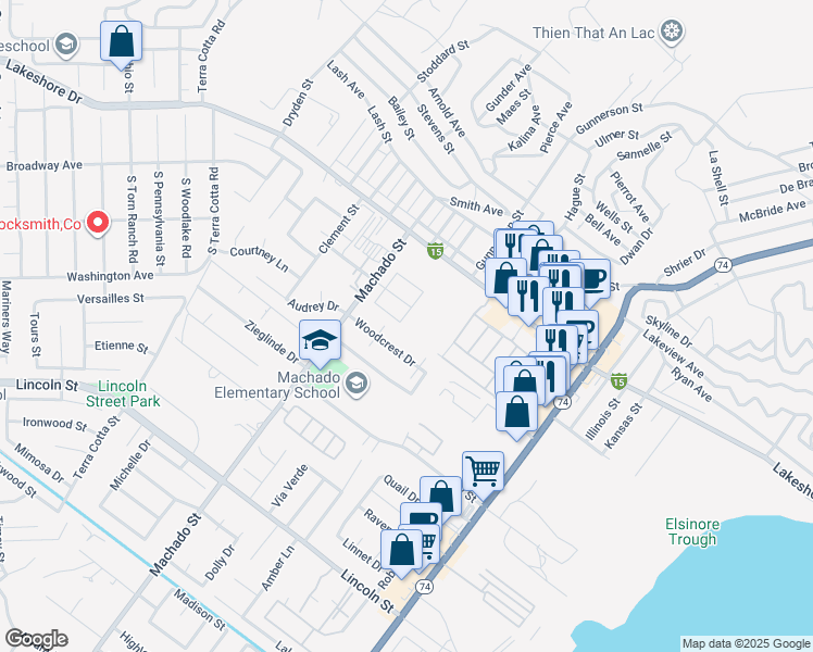 map of restaurants, bars, coffee shops, grocery stores, and more near 31078 Ponderosa Street in Lake Elsinore
